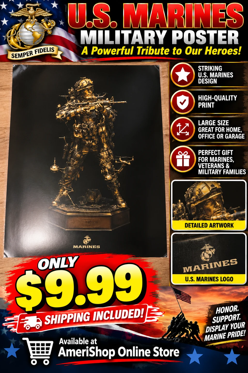 Supplied poster showing a U.S. Marines tribute print with a bronze-toned armored figure on a black background and a $9.99 price with shipping included.