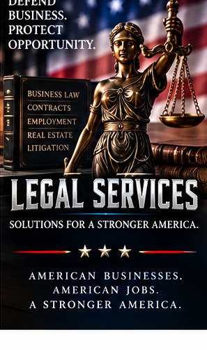 Legal Services — Defend business. Protect opportunity. Build America trade artwork