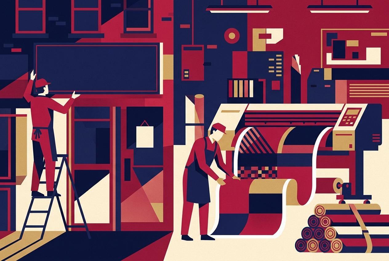 Printing & Signs — Seen from the street. Build America trade artwork