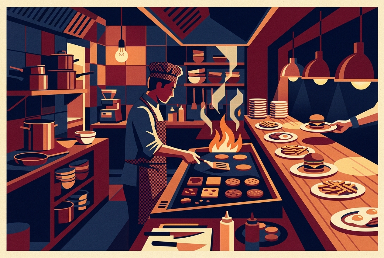 Restaurants & Dining — Cooked here. Build America trade artwork
