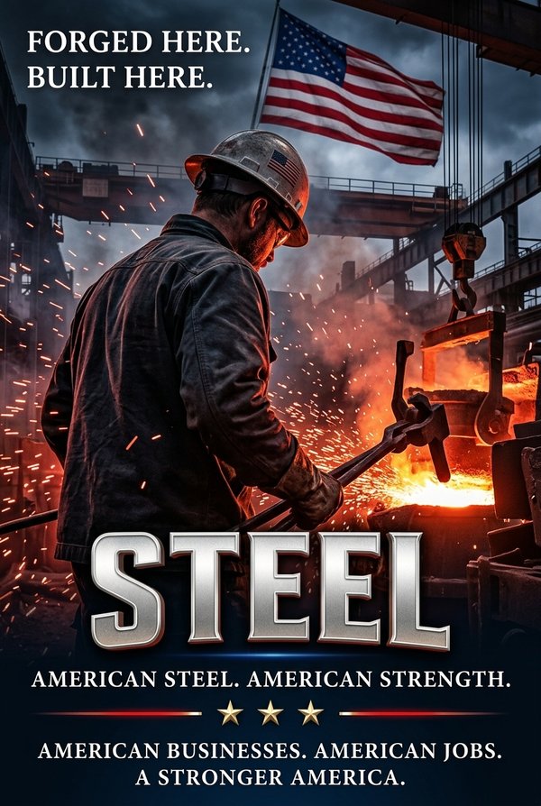 Steel — Forged here. Built here. Build America trade artwork