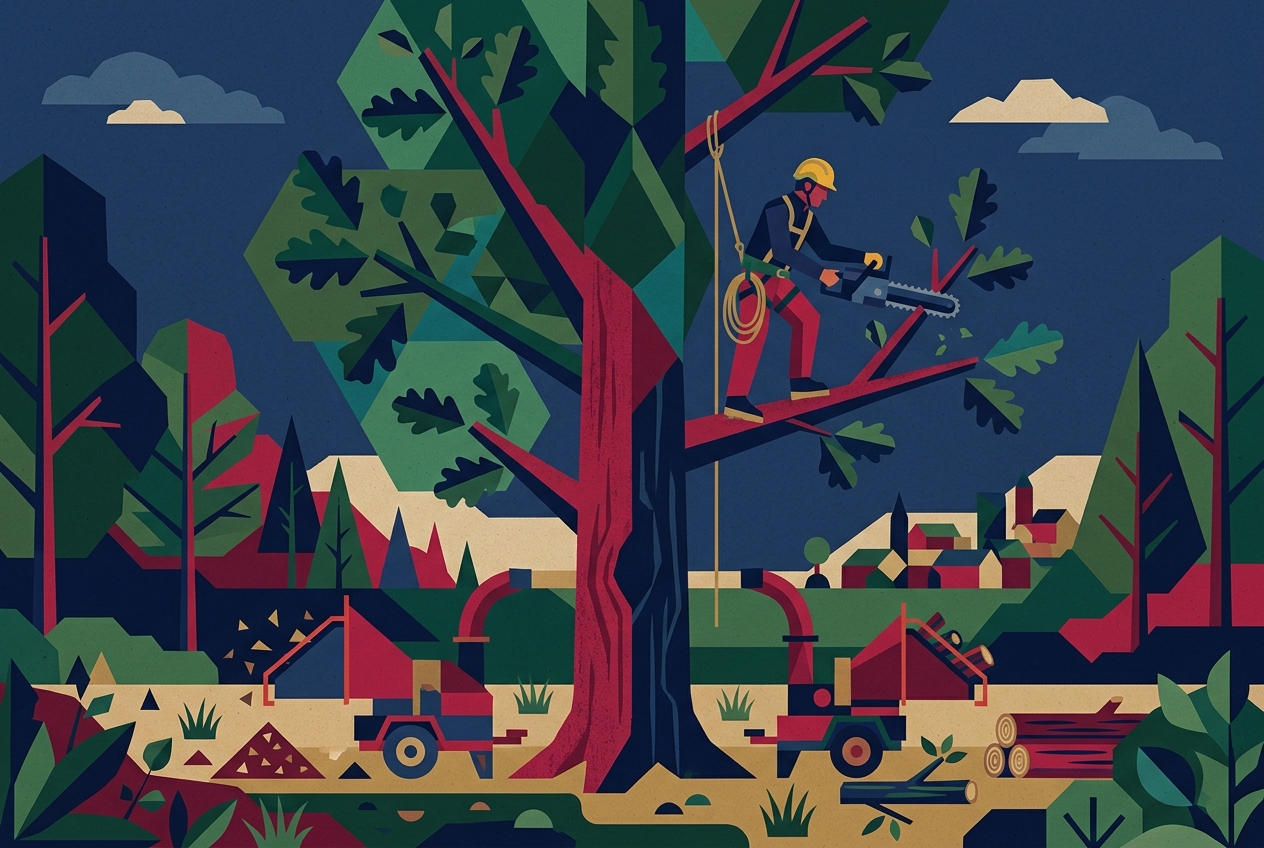 Tree Service — Up high, down safe. Build America trade artwork
